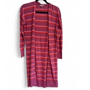 LOFT Pink Red Purple Striped Duster Cardigan Open Front Longline Knit Sweater S